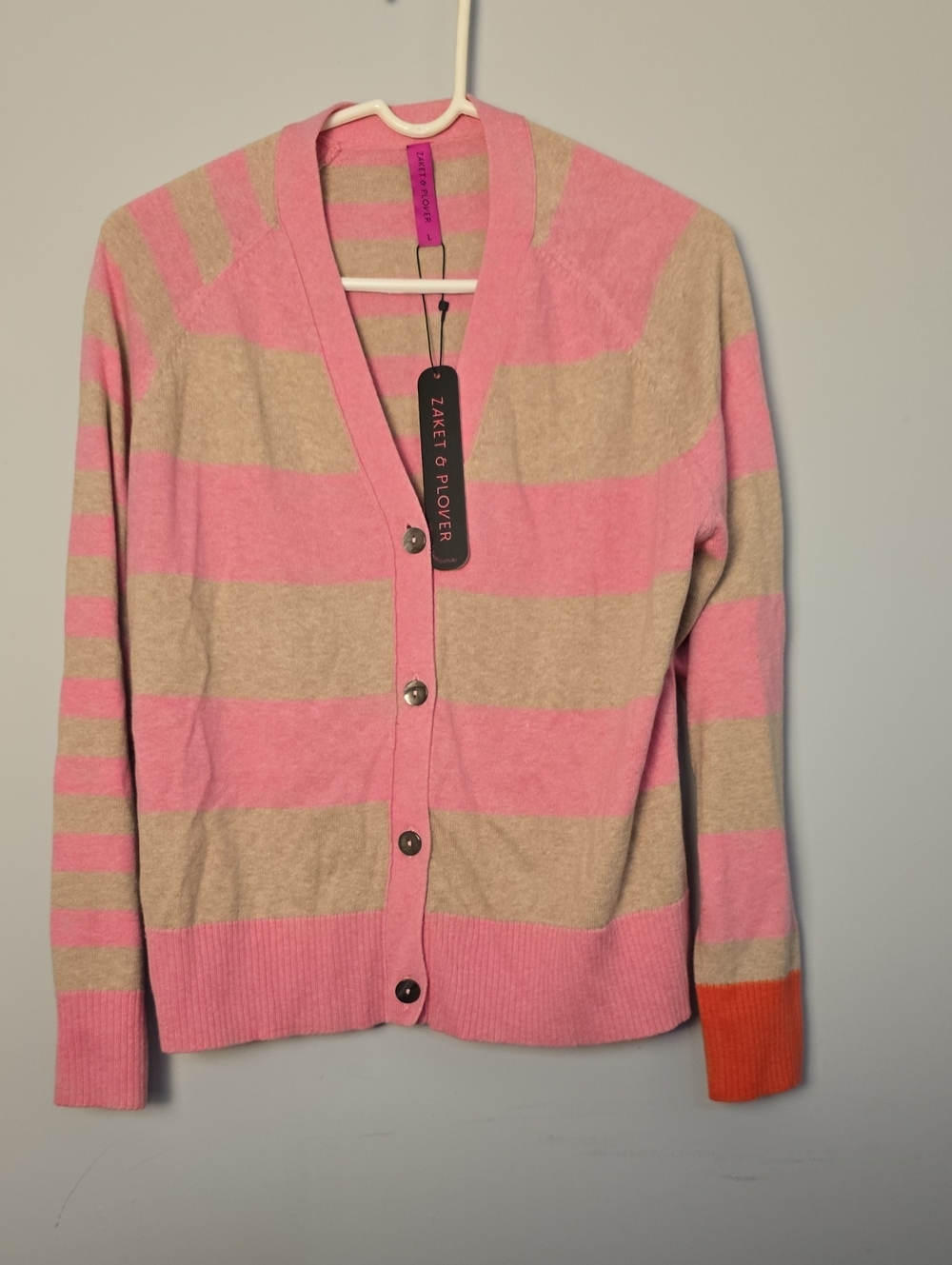 Striped Pink & Beige V-Neck Button Cardigan with Orange Cuff